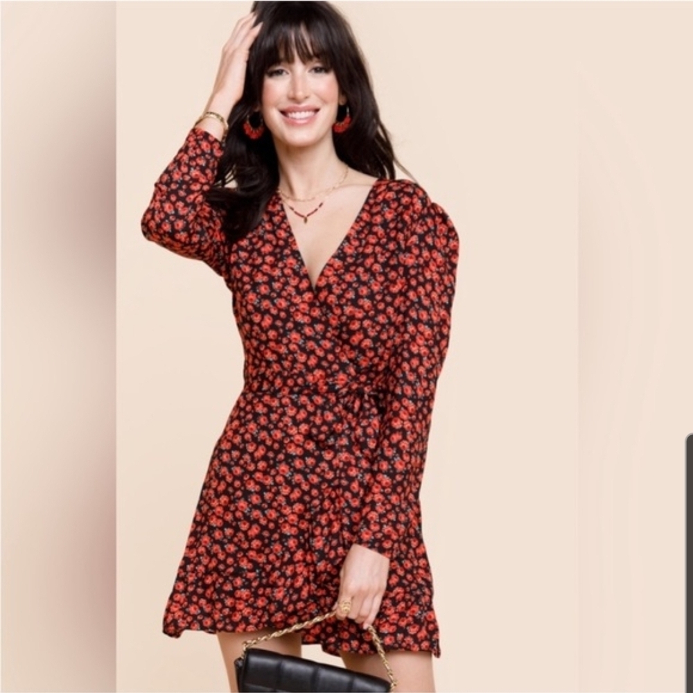 Francesca's Collections Miami Rose Long Sleeve Mini Wrap Dress - Size S